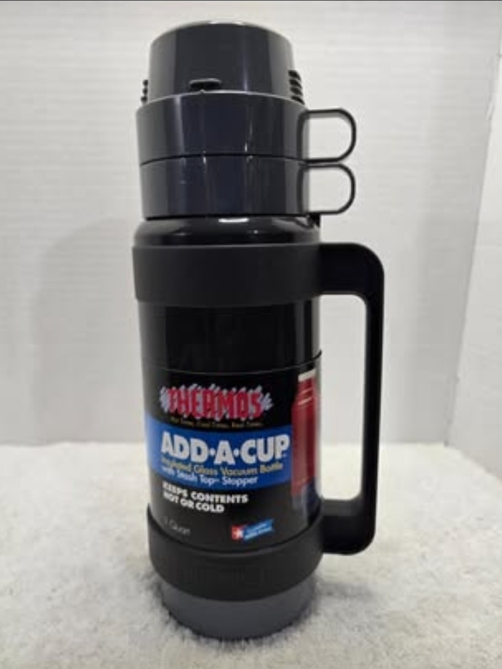 Vintage 1992 Thermos Add A Cup Insulated Glass Vacuum Bottle w/2 Cups 1 Qt.